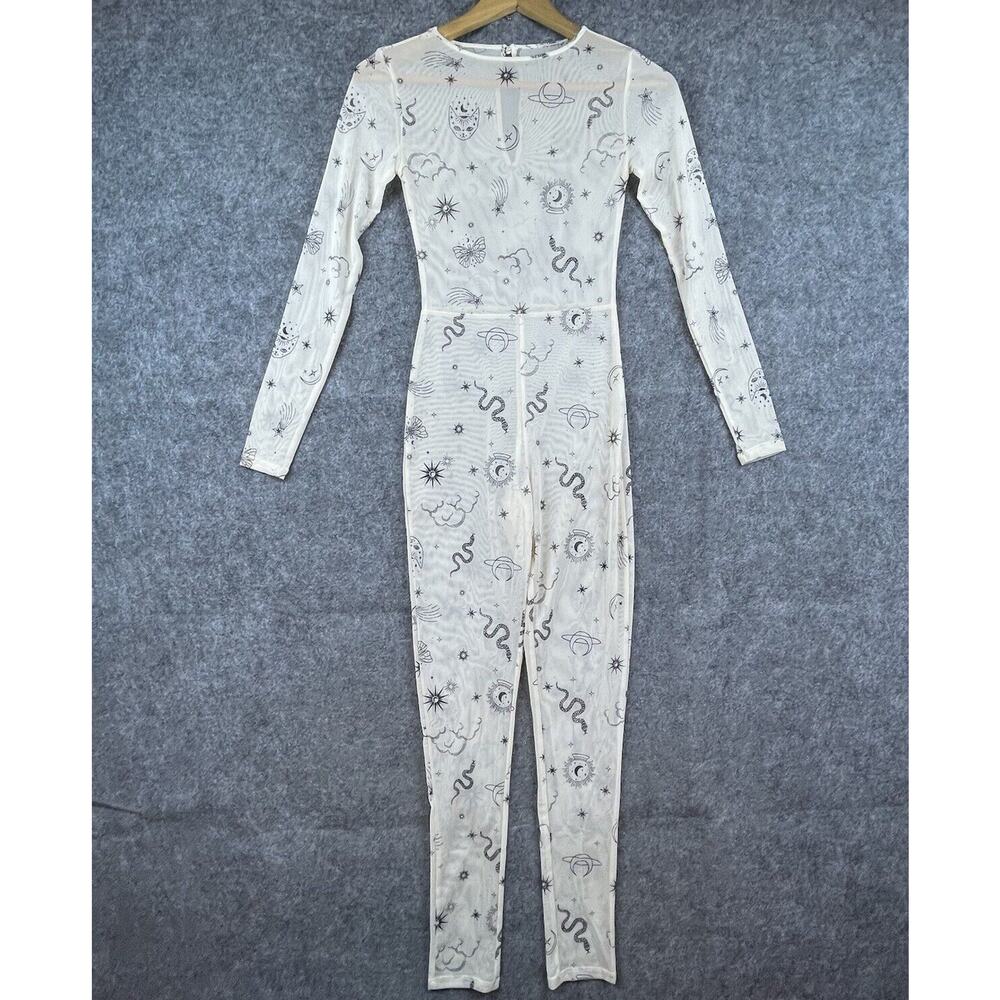 Sheer Lingerie Bodysuit Womens Small Cream Zodiac‎ See Through Stretch Jumpsuit
